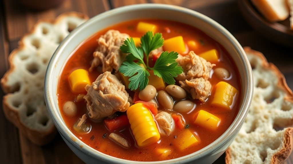 Hearty Southern Brunswick Stew Recipe A bowl of Brunswick stew with chicken, pork, corn, and lima beans garnished with parsley, displayed on a rustic wooden table with bread.